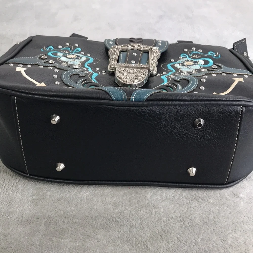 Western Buckle Flower Stud Floral Conceal Carry Shoulder Handbag Purse